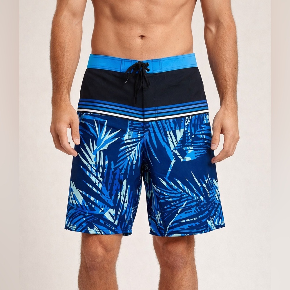 Burnside Blue Palm Print Board Shorts 32 Men’s Tropical Surf Swim Trunks Beach